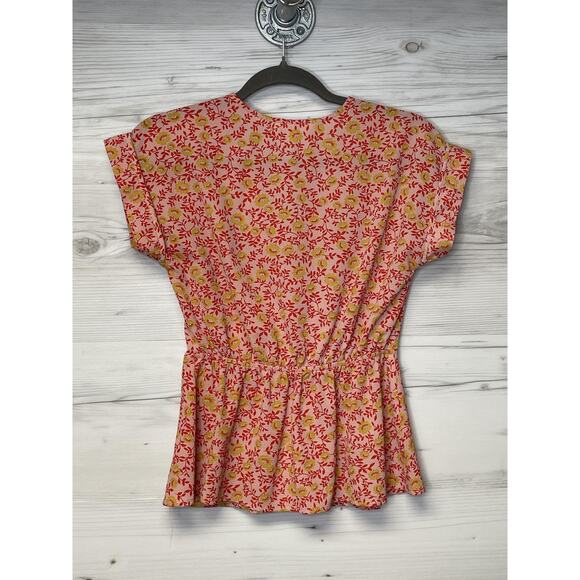 Monteau Blouse Womens Small Pink Red Yellow Floral Short Sleeve Wrap Peplum Top - Picture 7 of 7